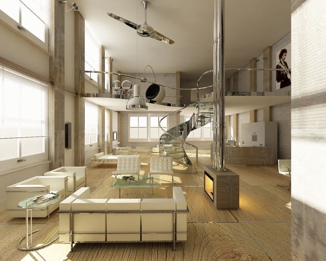 moderne treppe metall effekte wohnbereich weiße möbel holzfußboden