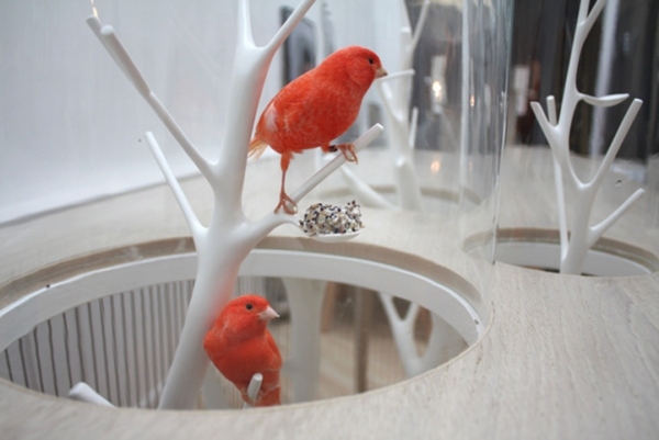 orange vögelchen archibird tisch design mit vogelkäfig