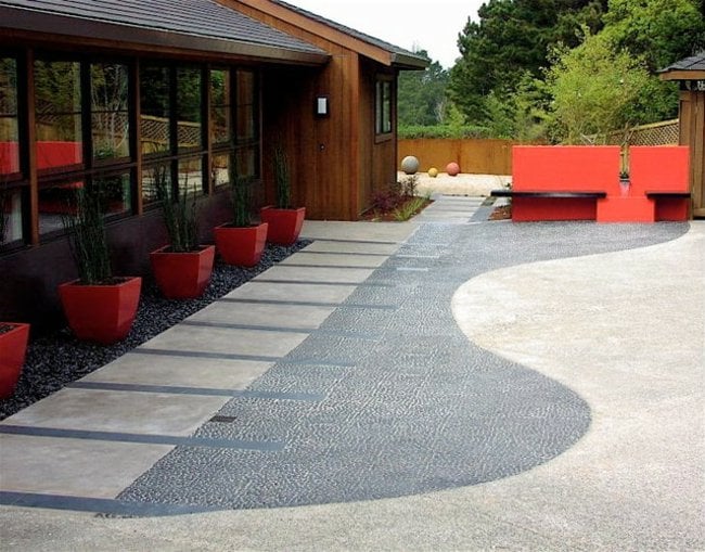 moderne Garten Gestaltung Ideen Wasserbrunnen Sitzbank