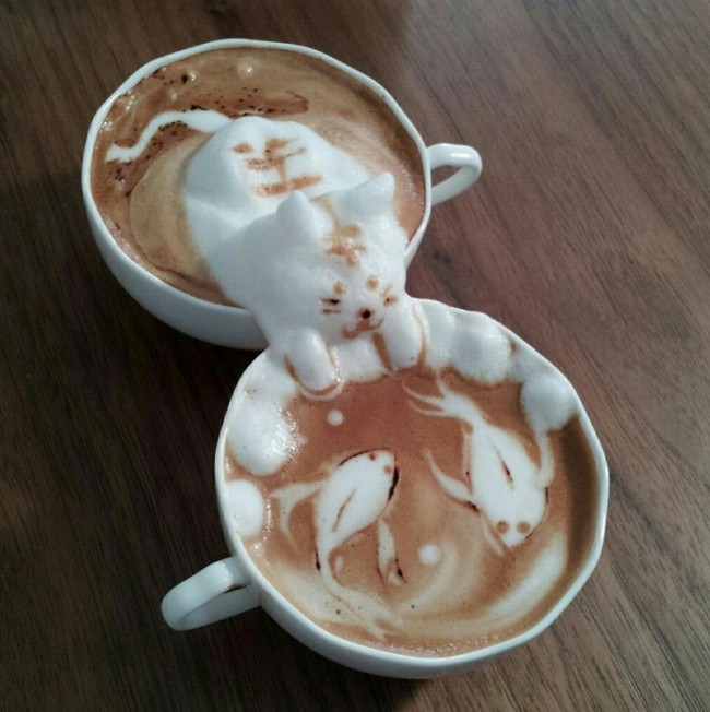 3d latte art japan kazuki yamamoto katze fische