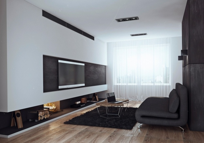 Einbaukamin Wohnzimmer Sofa grau weiße Farbe