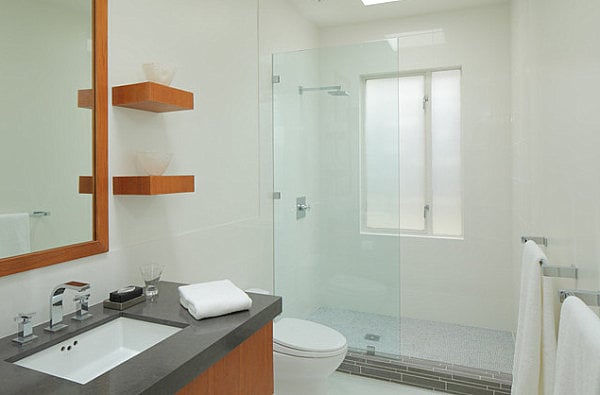 Glas Duschkabine-Leiste Holz-Regalbrett modern-kleines Badezimmer-Einrichten Waschkommode