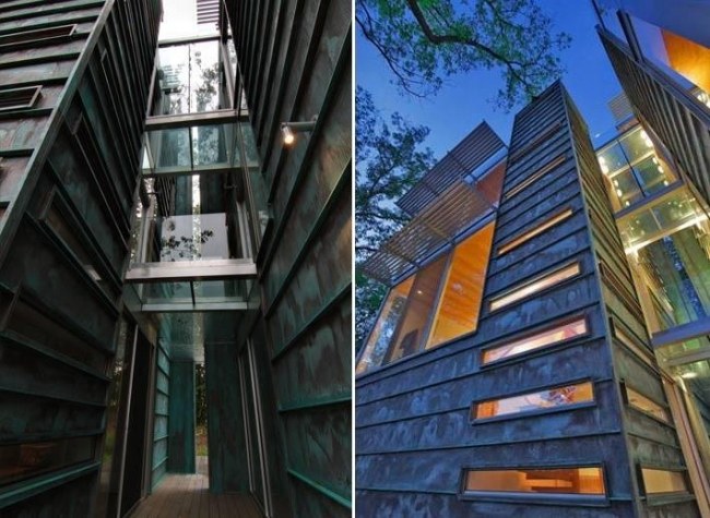 Haus im Wald-Modern Fassade Glas Kupfer-Platten Exterieur