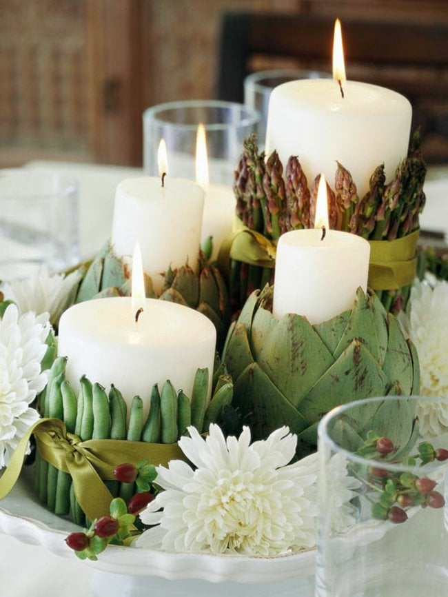 Erbse Kerzen Deko weiße Blumen