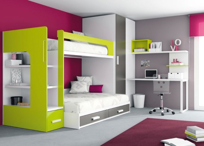 Hochbett Leiter Gelb-Pink Holz-Möbeldesign Kinderzimmer-ros 1