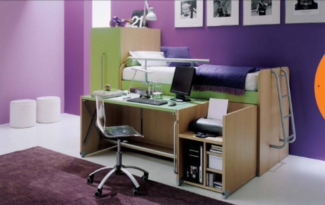 Hochbett mit Leiter-Schreibtisch Bürostuhl und Schrank-Mariani Plus