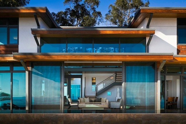 Glas Schiebetüren modernes Haus Gardinen blau