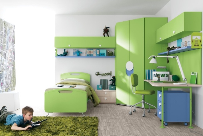 Kinderbett Einzelbett-Grün Lösung-Jungenzimmer Battistella flauschig Teppich