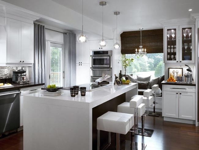 Küchenblock Hochglanz-Lack Weiß dunkel Braun -Dekorationen Pendelleuchten