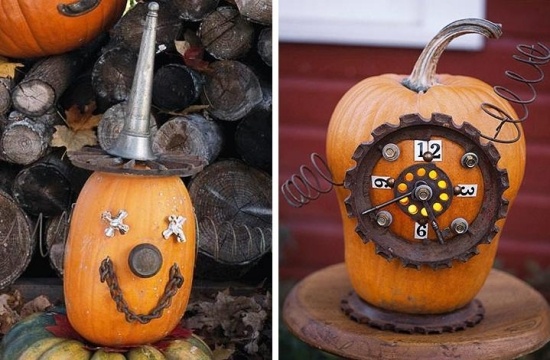 Kürbis Halloween Ideen Fratze-gestalten altes Zeug-Uhr Zahnräder-Metallfeder