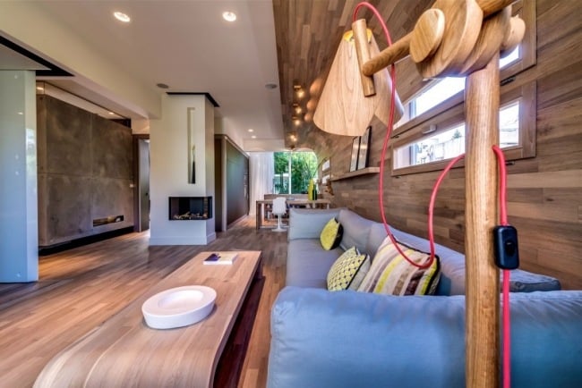 Naturlook Wohnzimmer-Innenarchitektur Holz-Paneelwand Kaffeetisch-Designer Möbel