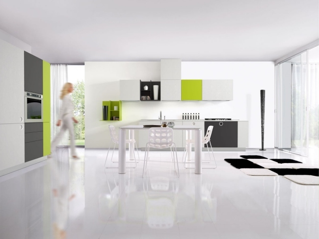 ONE touch Design-moderne Küche Euromobil-Weiß Lack leimgrün