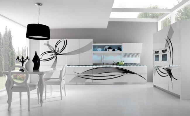 Seven Laminatküche-florale Motive-futuristisch Hochglanz-Weiß Schwarz