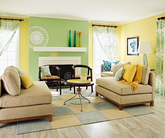Sommer Look im Wohnzimmer-Auffrischung Farben-Grün Gelb Wandfarbe