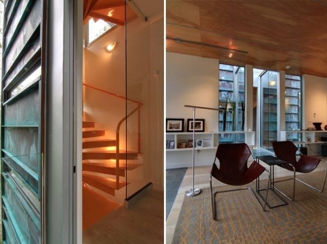 Treppengestaltung beleuchtet Innendesign-Glas Wände Retro Sessel