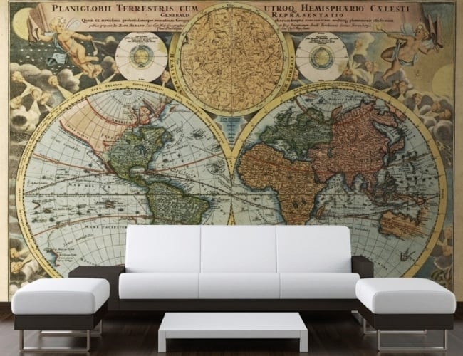 Weiß Sofa-Set Weltkarte-Wandgestaltung Ideen Retro Tapeten