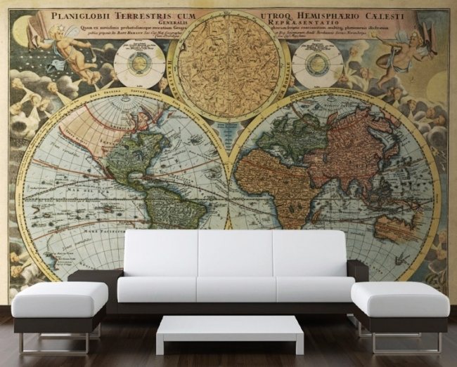 Weiß Sofa-Set Weltkarte-Wandgestaltung Ideen Retro Tapeten