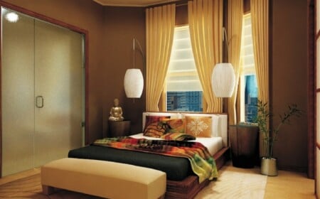 asiatisches-schlafzimmer-holz-bett-papierlampen