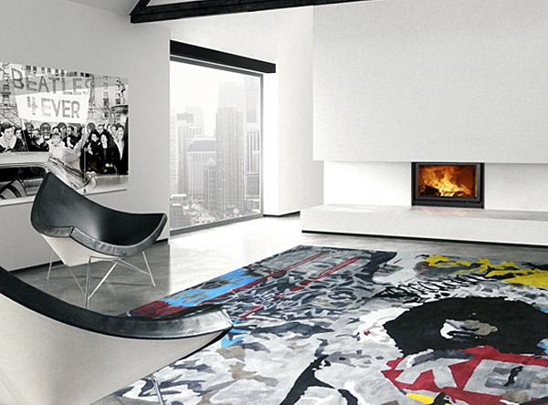 designer teppiche  HZL muster schwarz weiß kamin wohnzimmer