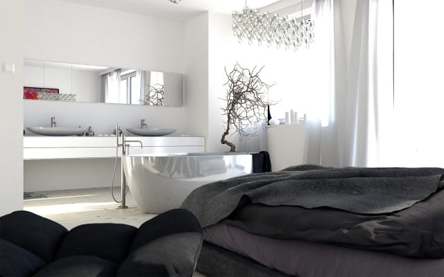freistehende badewanne im schlafzimmer oval schwarz weiß
