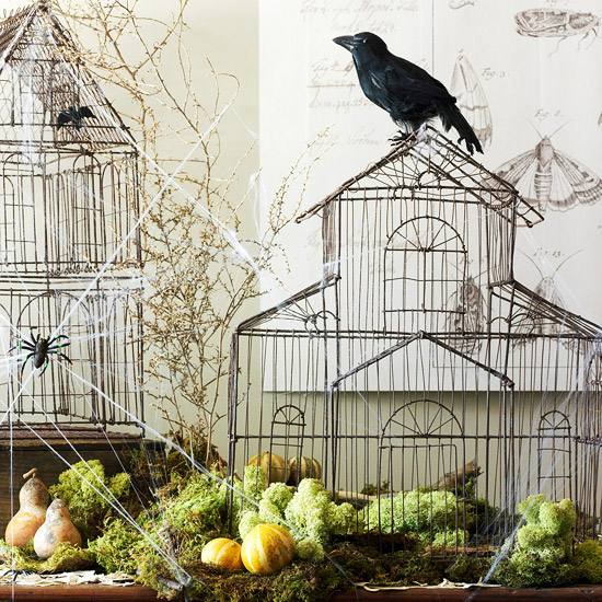 halloween dekorationen arrangements moos draht häuser vogelkäfig