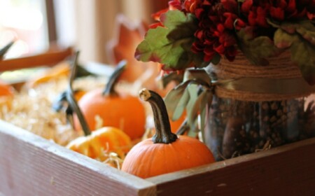 rustikale Herbst Tischdeko Kürbisse Hagebutte Stroh