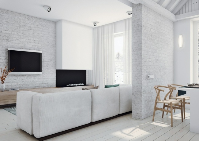 Ziegelwand Wohnzimmer weiß Sofa Set