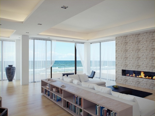 wohnzimmer einrichten strandhaus flair kamin weiß naturstein tapete