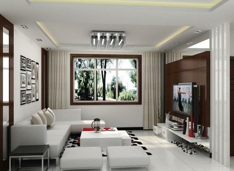 wohnzimmer gestalten braun hochglanz couch weiss modern