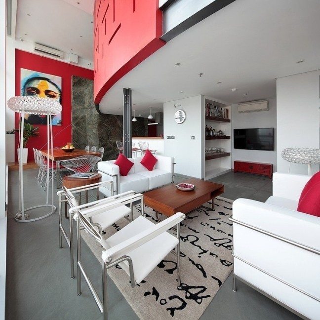 wohnzimmer-wohnideen farben rot weiß geometrische muster materialien