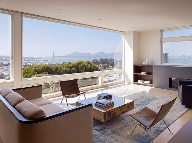 wohnzimmer-modern wohnideen panoramafenster beige grau texturen