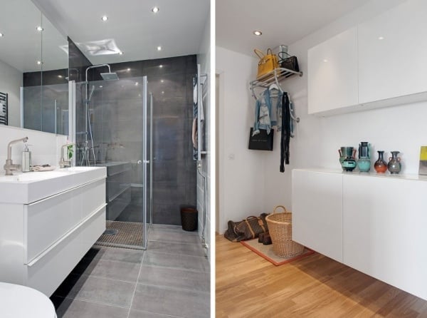 Badezimmer Einrichtung weiß anthrazit Fliesen Kleine-Wohnung grifflose Fronten Türen