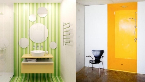 Bad Innendesign neon kräftige-Farben Tapeten-Vlies Wandspiegel-Duschkabine Glas-Gelb