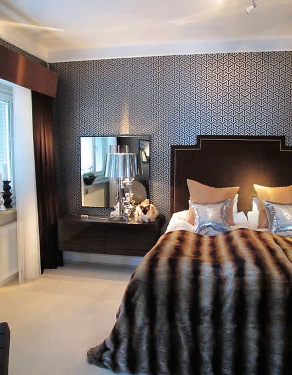 Bettdecke Felloptik-Modern Stoffe-Schlafzimmer Tapeten-Muster Wandspiegel Schminktisch