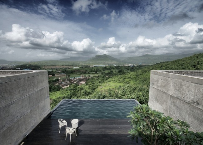 Design Haus 2 Gebäudevolumina-Beton Basalt-Pool Aussicht Landschaft