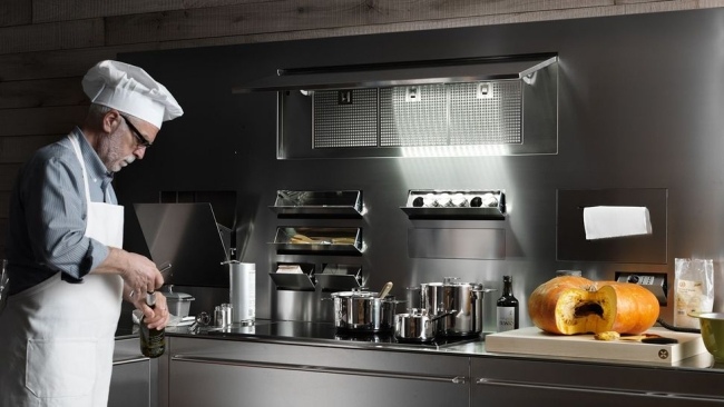 Design Küche Italienisch-Edelstahl Abzugshaube-integriert Regale Fächer