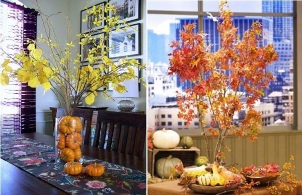 selber machen Tischdekoration-Herbstblätter bunt-gelb Kürbisse-Glas 