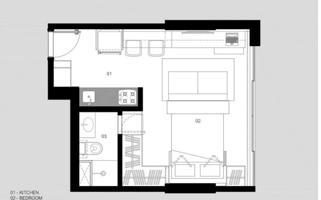 Einziehbares BEtt-kleine Wohnung-Raumaufteilung Ansichten