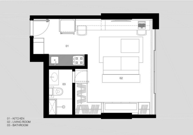 kleine Wohnung Grundriss-Kochbereich Schlafzimmer Wohnraum 