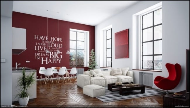 Farbgestaltung Wohnraum Rot weiß Wandsticker Parkett-Sessel Kaffeetisch