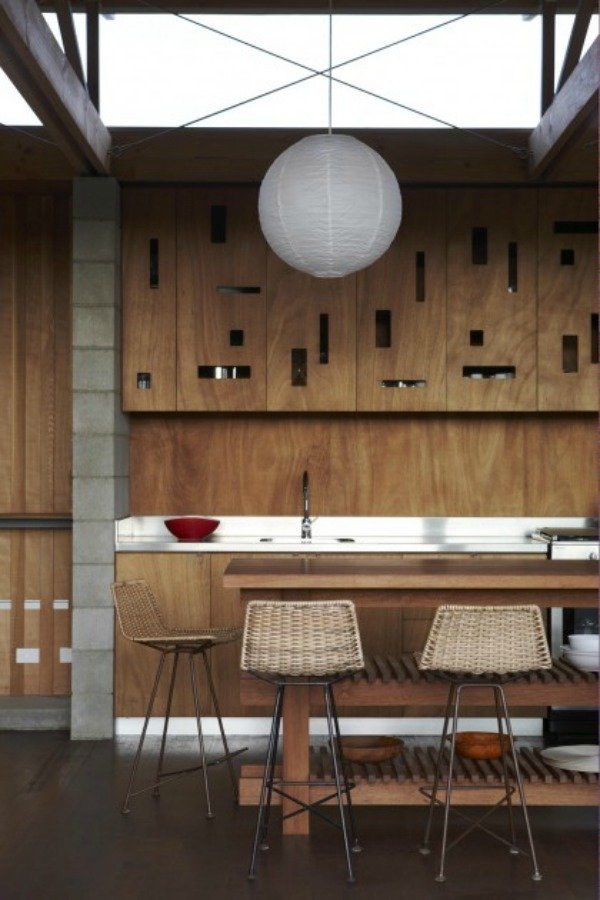 Furnier-Holz Küche-Retro Möbel-Barstühle Metallbeine Hängeleuchte Kugel