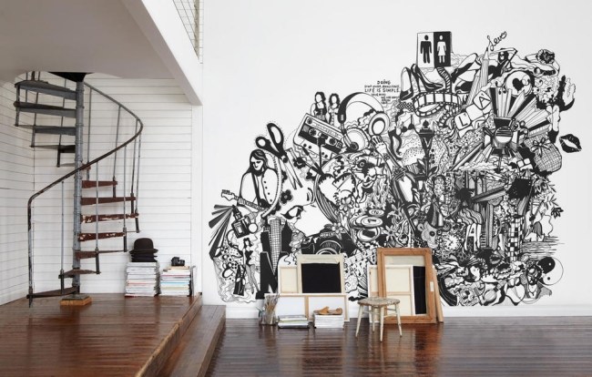 Grafik Kunst Wand Design-großflächige Zeichnung-Tapeten schwarz-weiß