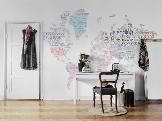 Großformatige Wandkunst-Atelier Ambiente-Ideen Einrichtung-Weltkarte Tapete Muster
