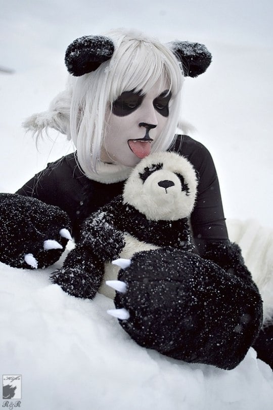 Halloween Kostüm frau panda schwarz weiß plüschtier