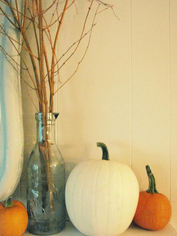 Herbst Dekor-Kürbisse weiß orange Zweige-Strauß Ideen 