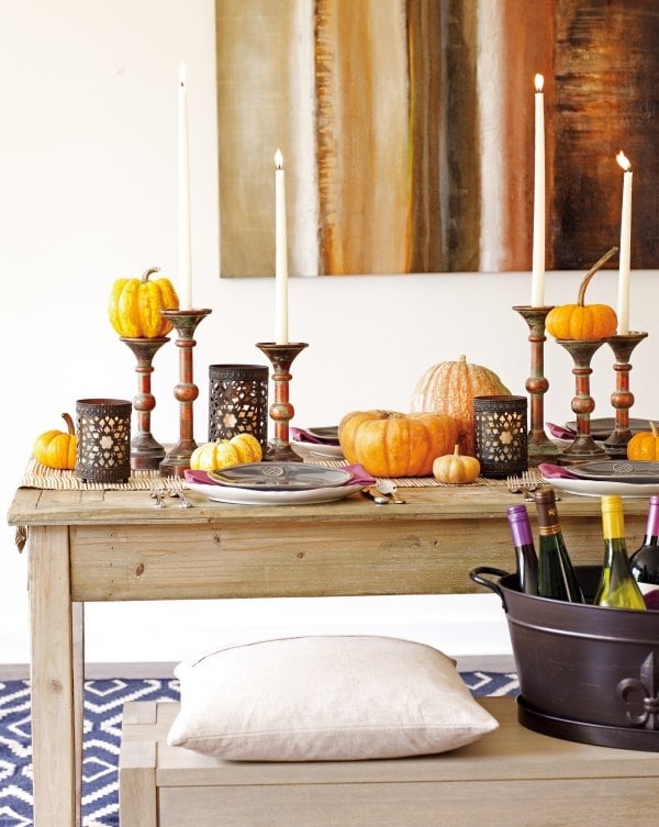 Herbst Tischdeko Ideen für Geburtstag Party-Kürbisse Kerzen Ständer