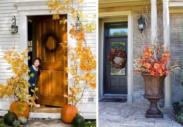 Herbst dekorieren-Haustür Eingangsbereich-Laub Kletterpflanze-basteln Kürbisse Laterne