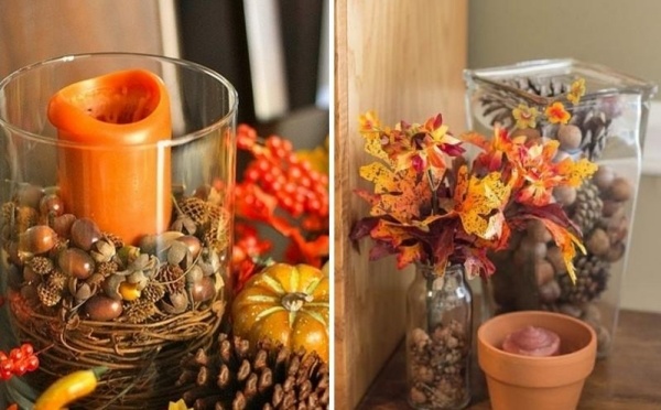 Herbstdeko mit Eicheln-Themen Arrangement-Kerzenhalter Kürbisse Glasvasen
