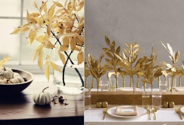 Herbst Schmuck Tischdekoration-Gold Optik Blätter Kürbisse-Holztisch