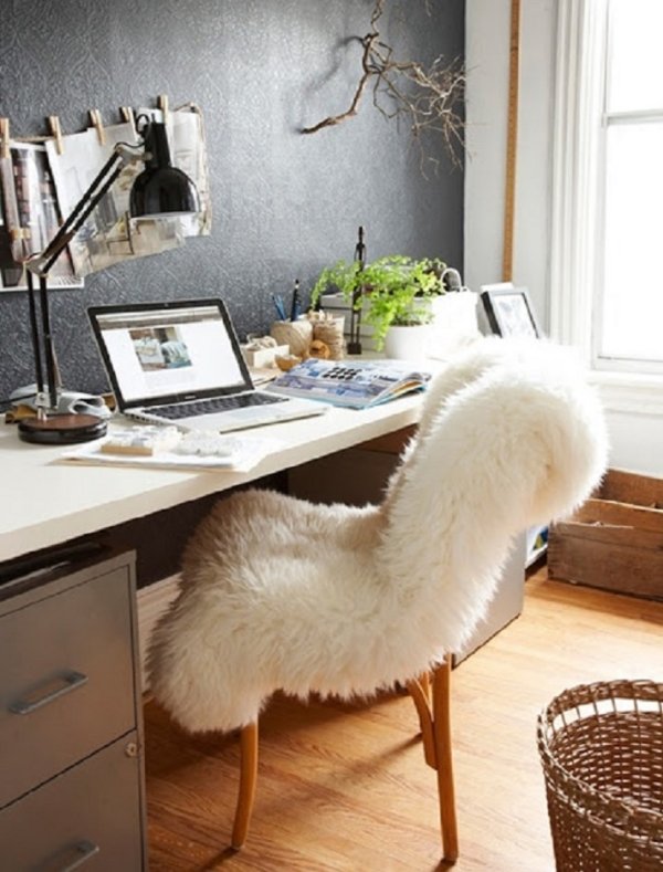 Home-Office-Möbel flauschig Sessel-Sitz Pelz Garn Lehne-Fell Optik-Weiß